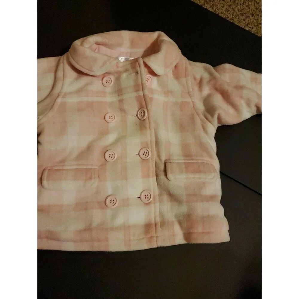 Girl's The Children's Place 6-9 months pink white plaid button coat